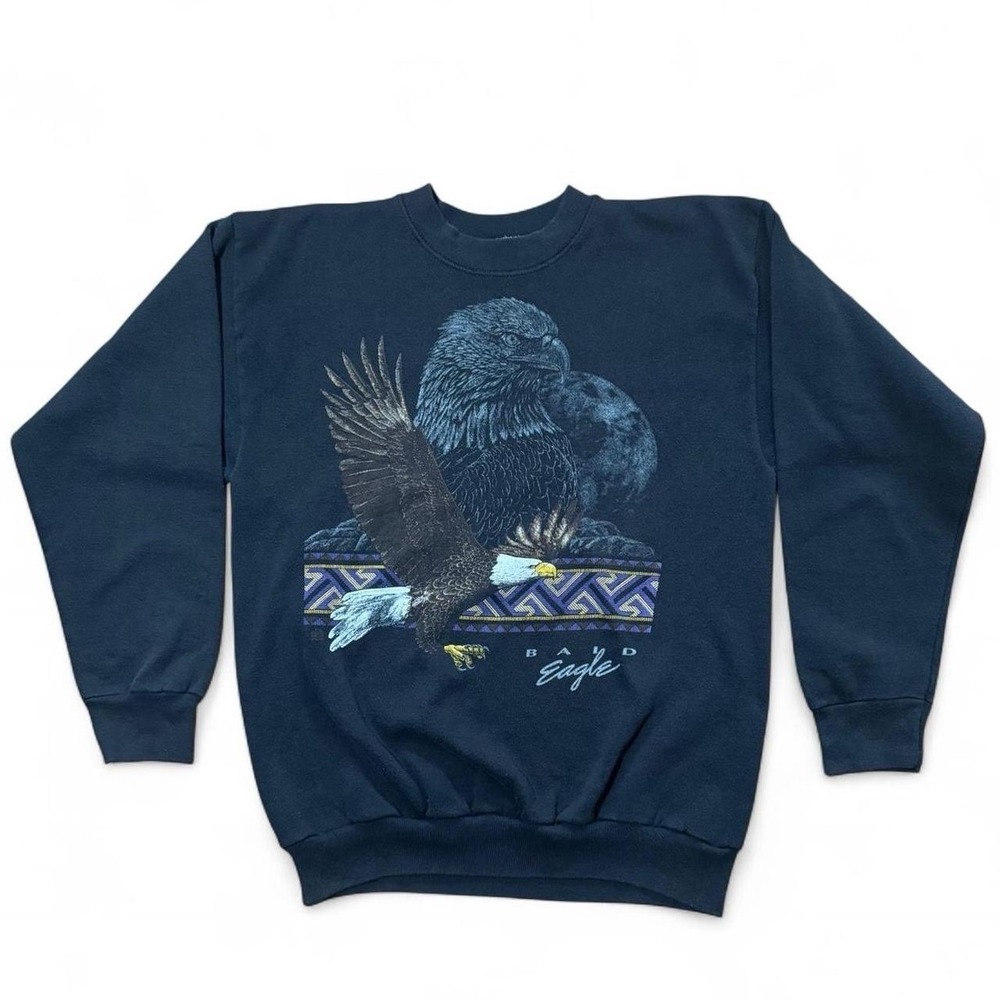 Vintage 90s Bald Eagle Bird Graphic Nature Print Crewneck Sweater Large 22x26
